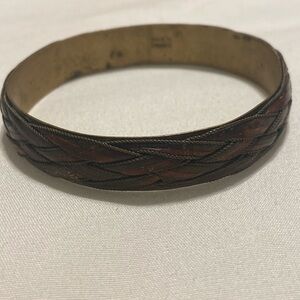 Vintage French braided leather brass bangle bracelet
